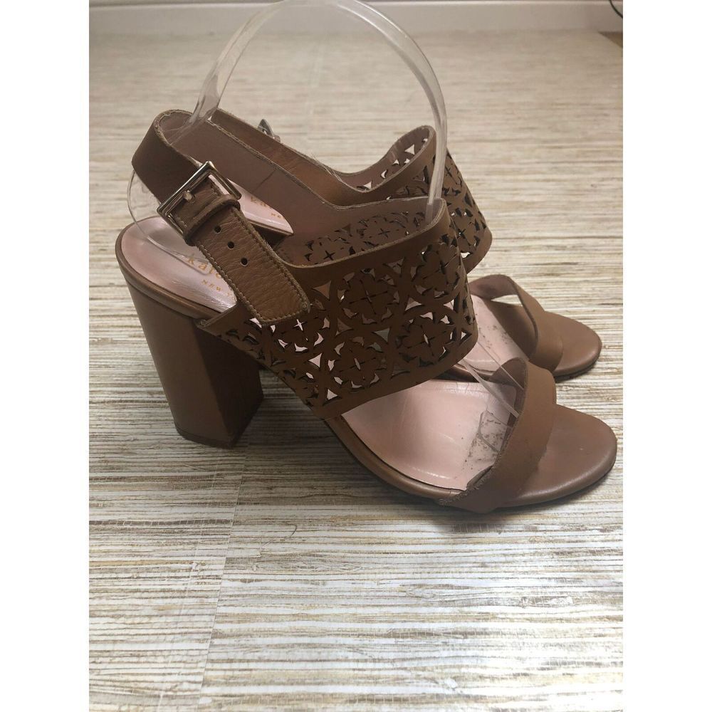 1307 Kate Spade Imani laser cutout logo heels sandals BROWN sz 8 *worn (see pics